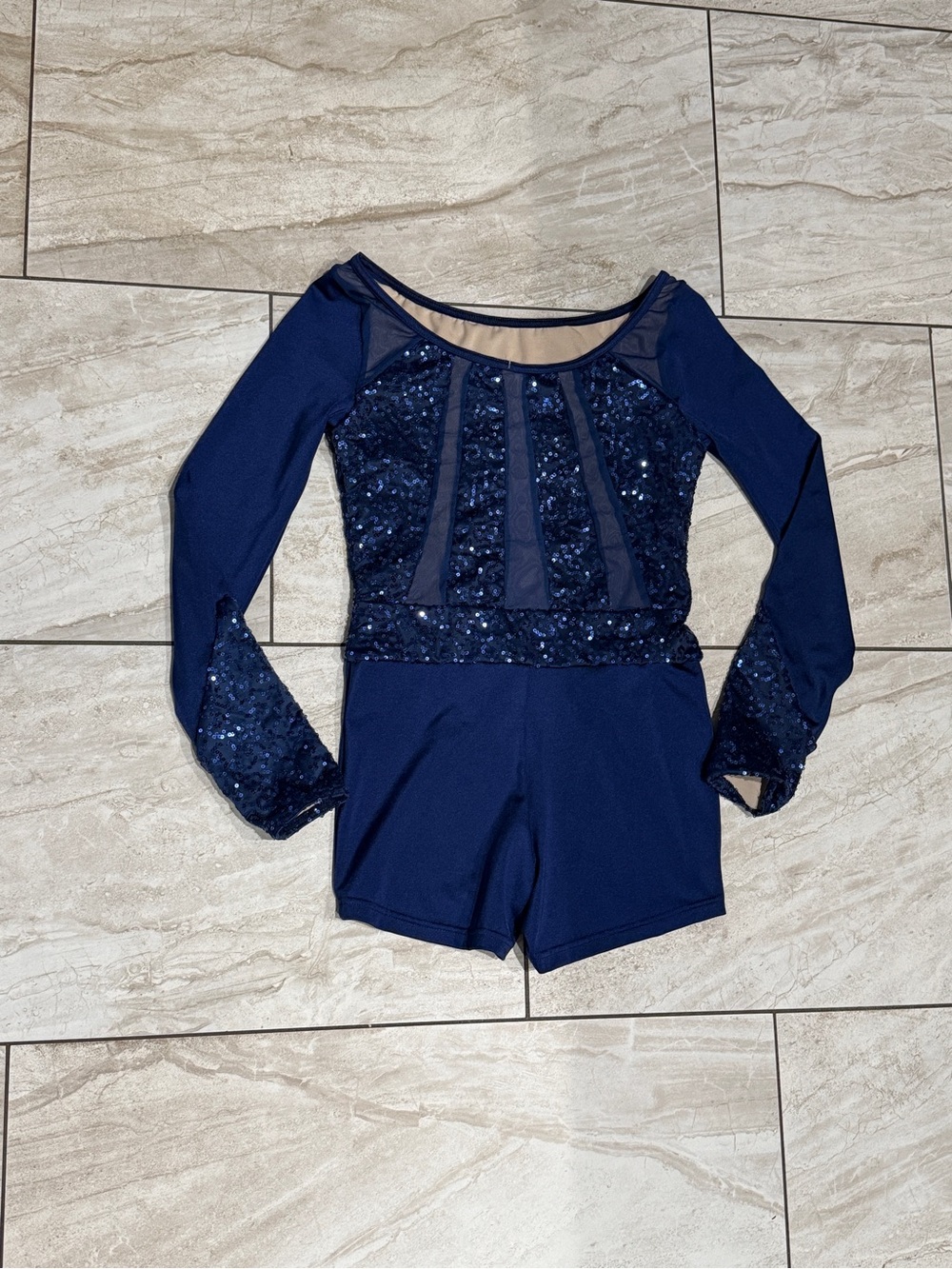 Weissman Style 13327 Navy Blue Sequin Long Sleeve Dance Biketard Costume LC Larg